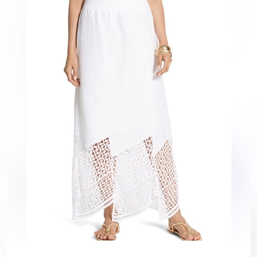 Chico’s 12 Leah Crochet Asymmetrical Hem Detail White Lace Pull On Maxi Skirt